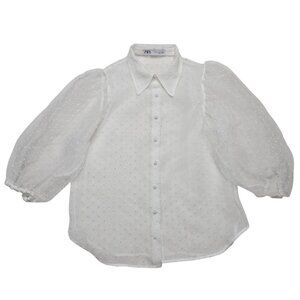 Zara Top Womens Small White Clip Dot Sheer Button Balloon Sleeve Whimsical Fairy